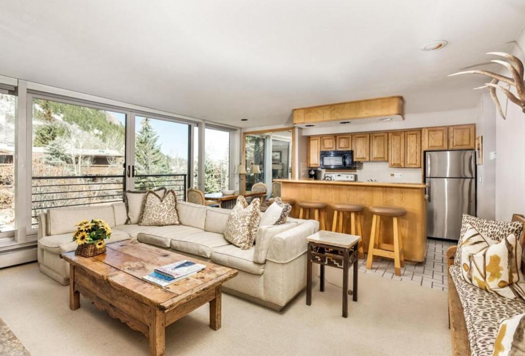 a living room with a couch and a table at Durant Unit B202, Spacious Condo with Great Views, Excellent Location 2 Blocks to Ski Slopes in Aspen