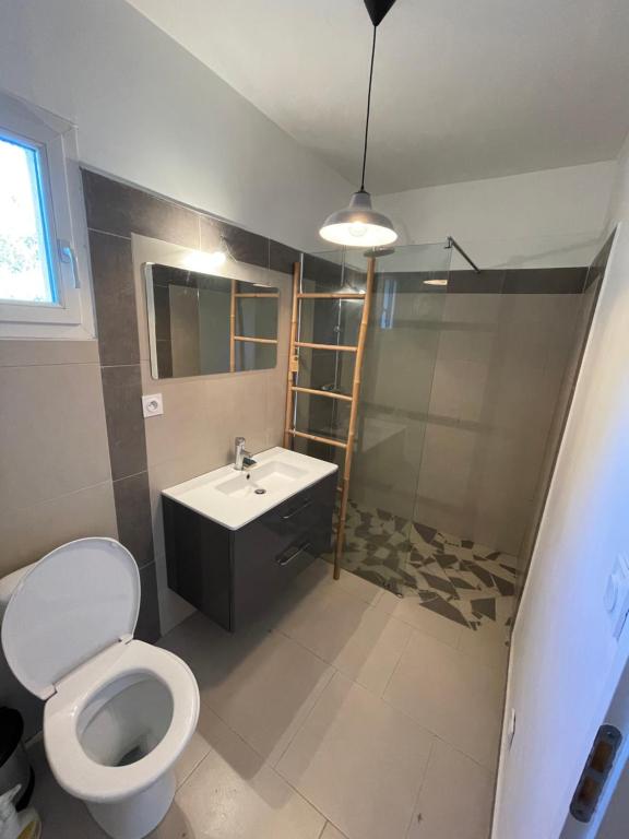 a bathroom with a toilet and a sink at Casa Prunelli 2 in Omessa