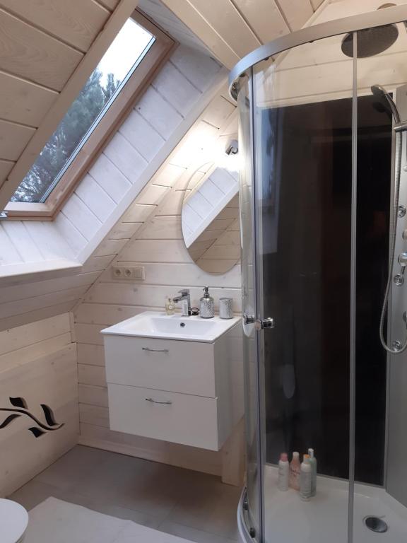 Kúpeľňa v ubytovaní Mazury "Willa Ślimakowo" w Pasymiu z jakuzzi, sauną, pomostem