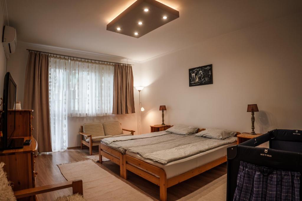 a bedroom with a bed and a chair and a window at Your Apartment in Makó