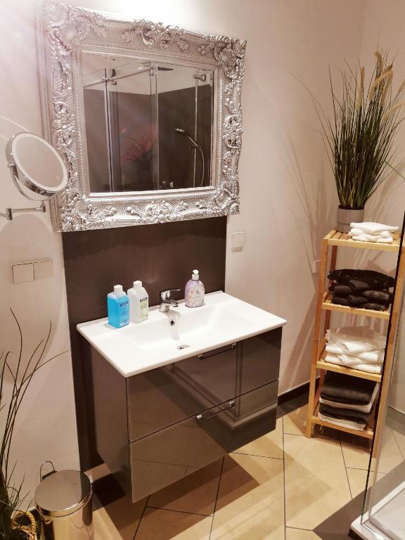 a bathroom with a sink and a mirror at Ferienwohnung Am Michelsbach in Boppard