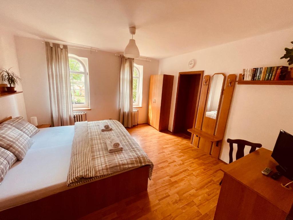 a bedroom with a bed and a desk at Penzion Relax Kadaň in Kadaň