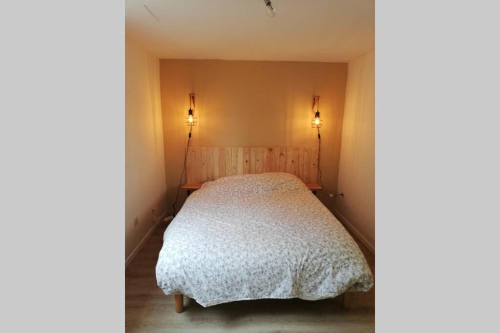 a bedroom with a bed with two lights on the wall at studio avec jardin à Rodez in Rodez