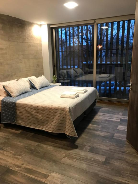 a bedroom with a large bed and a large window at Excelente Apartamento, a metros del Parque San Martín! in Mendoza