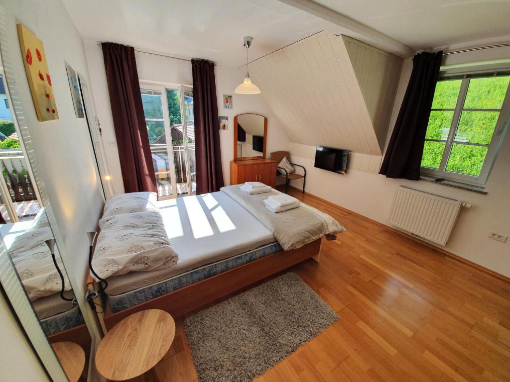 克拉尼斯卡戈拉Apartman Irvin的卧室里有一张床和一台电视机