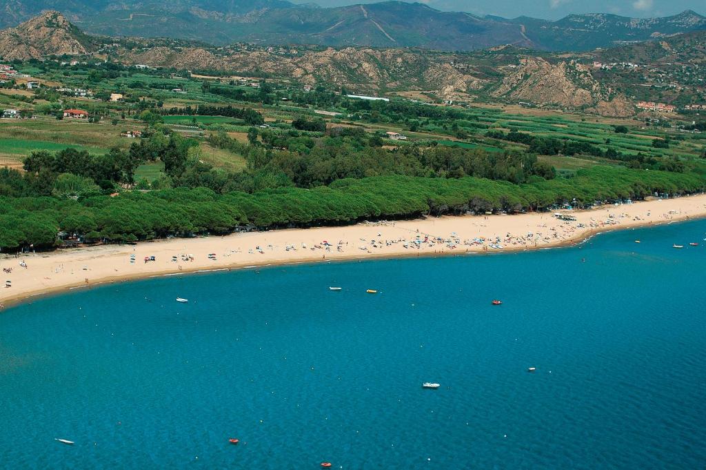 una vista aérea de una playa con una bandada de aves en Happy Camp Mobile Homes in Camping Iscrixedda, en Lotzorai