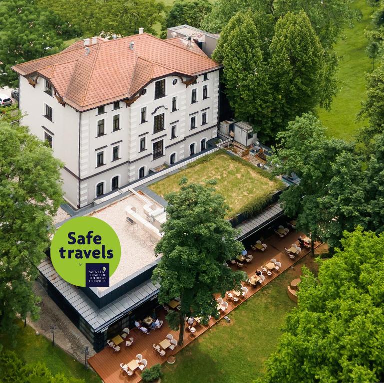 an aerial view of a hotel with a large building at Heritage Hotel Krone in Sarajevo