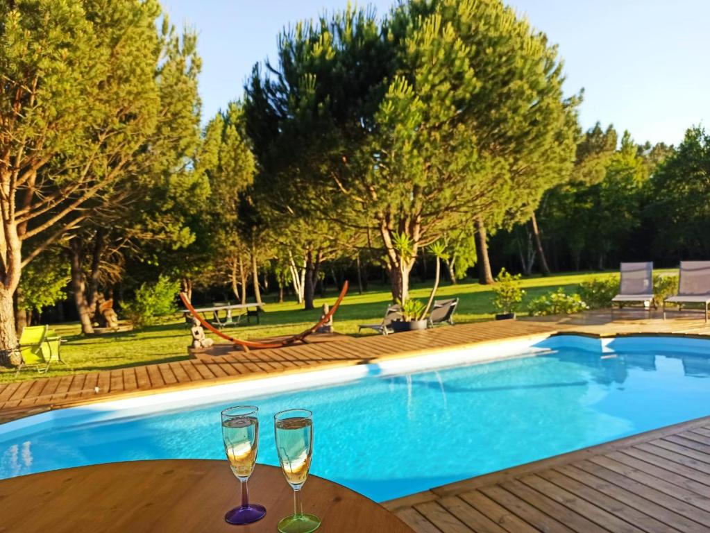 zwei Gläser Wein auf einem Tisch neben einem Pool in der Unterkunft Les Pins Perdus in Saint-Ciers-dʼAbzac