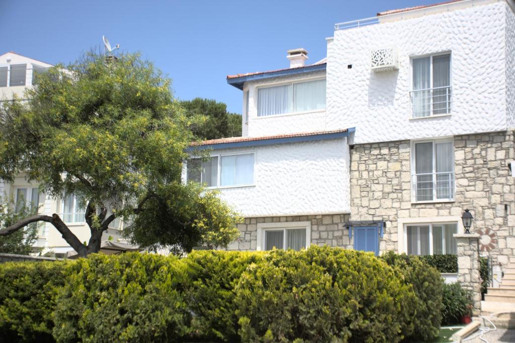 a white building with a tree in front of it at Tepe Hotel in Alacati