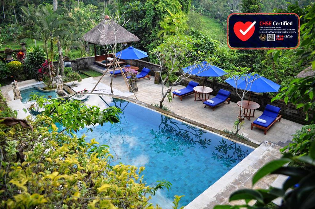 an overhead view of a pool with chairs and umbrellas at Alam Indah Ubud in Ubud