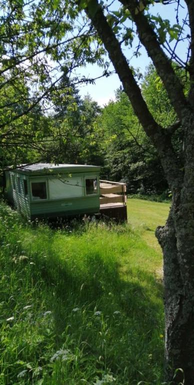 a green trailer sitting in the grass next to a park at domek na lace in Wisła