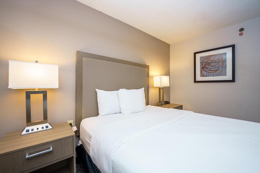 a hotel room with a large bed and two lamps at Wingate by Wyndham Brunswick GA I-95 in Brunswick