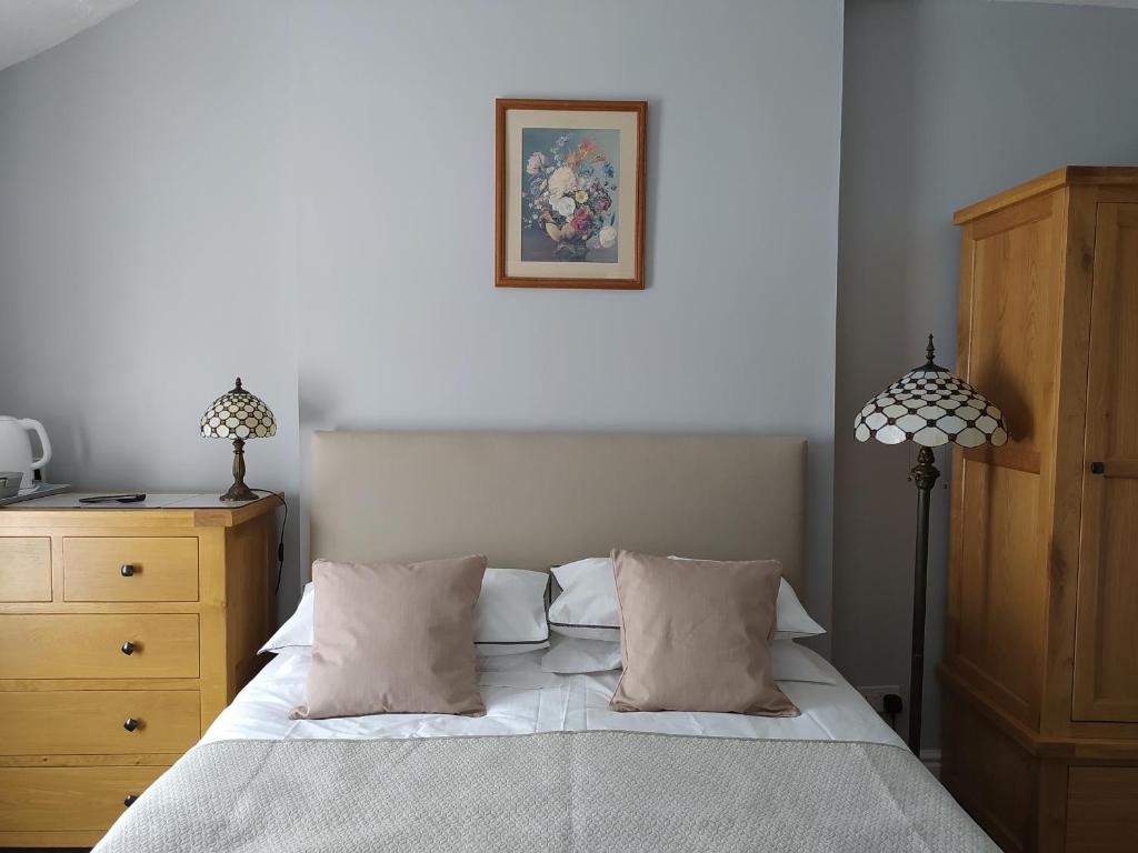 a bedroom with a bed with two pillows and a dresser at Frosty Towers in Llandudno
