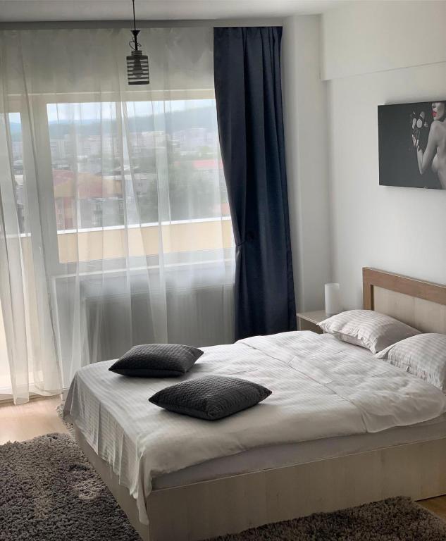 a bedroom with a bed with two pillows on it at Conest Vision Studio in Iaşi