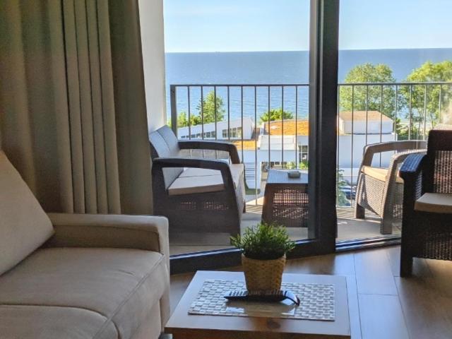 salon z kanapą i widokiem na balkon w obiekcie Horyzont Luksusowe apartamenty nad morzem z parkingiem w mieście Międzyzdroje