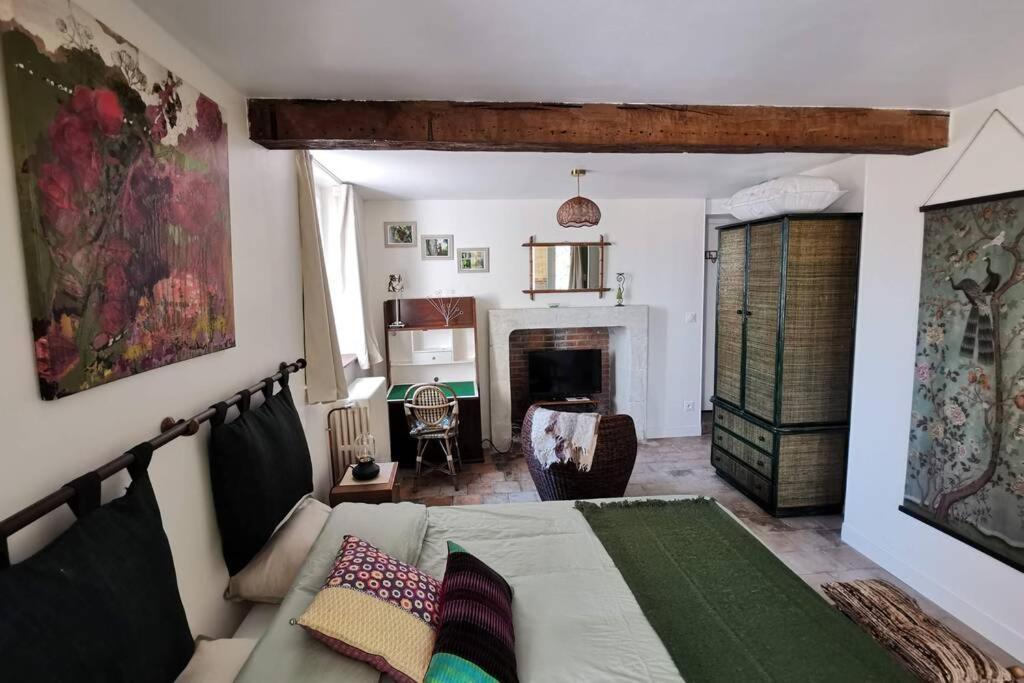 1 dormitorio con 1 cama y sala de estar en AMALOUYSE Studio de charme au cœur des châteaux de Loire en Montlouis-sur-Loire