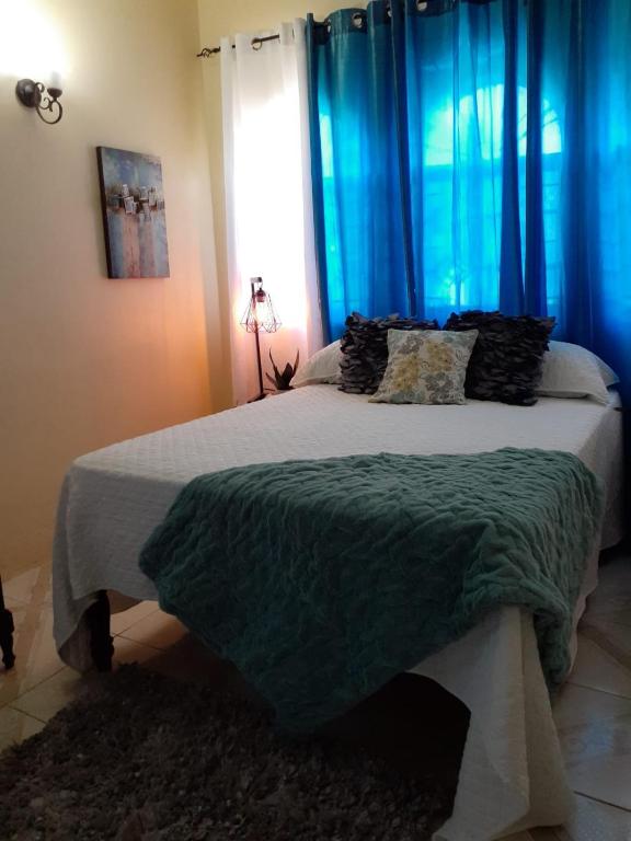 a bedroom with a large bed with blue curtains at Clarke's Luxurious Private Suite in Spanish Town