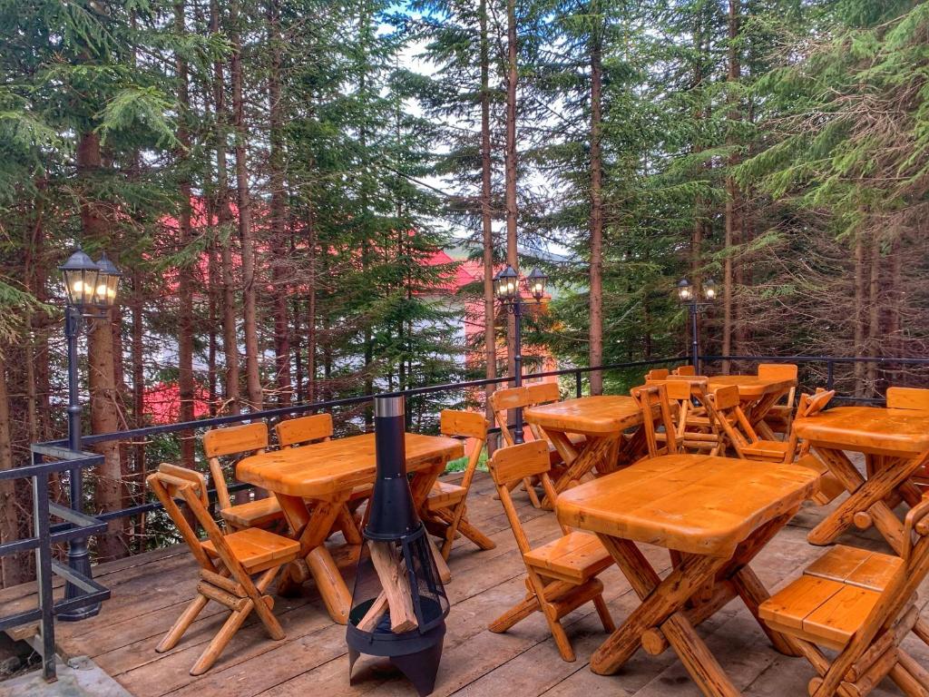 a group of tables and chairs on a deck with trees at Altitude Guest House Ranca in Ranca