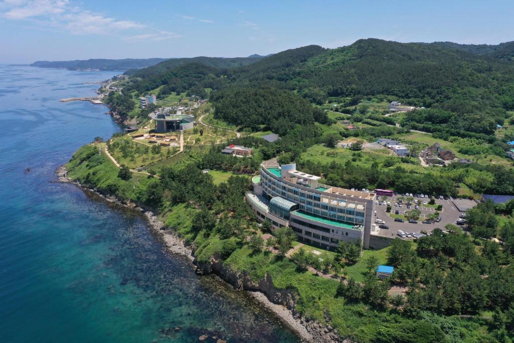 eine Luftansicht eines Gebäudes neben dem Wasser in der Unterkunft Hotel Marine in Pohang