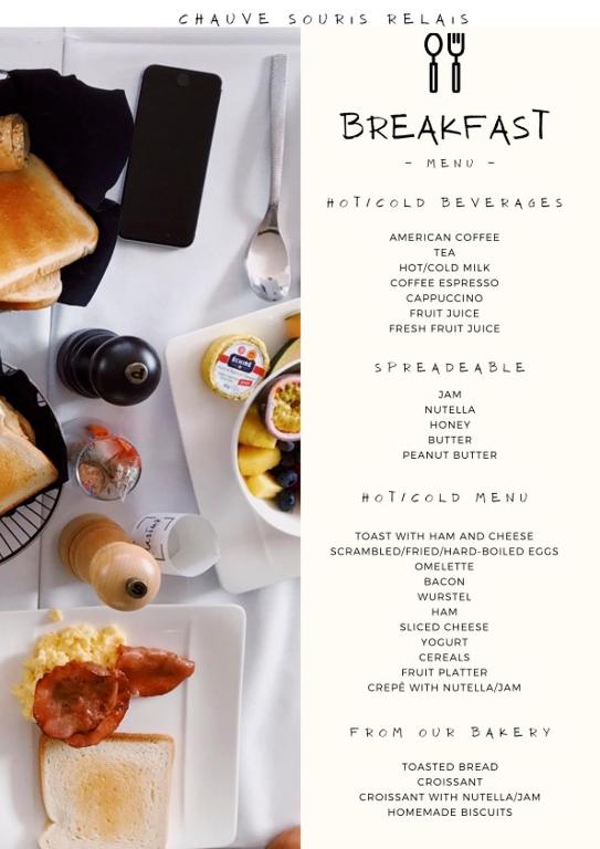 uma página de um menu para uma refeição de pequeno-almoço em Chauve Souris Relais em Anse Volbert Village