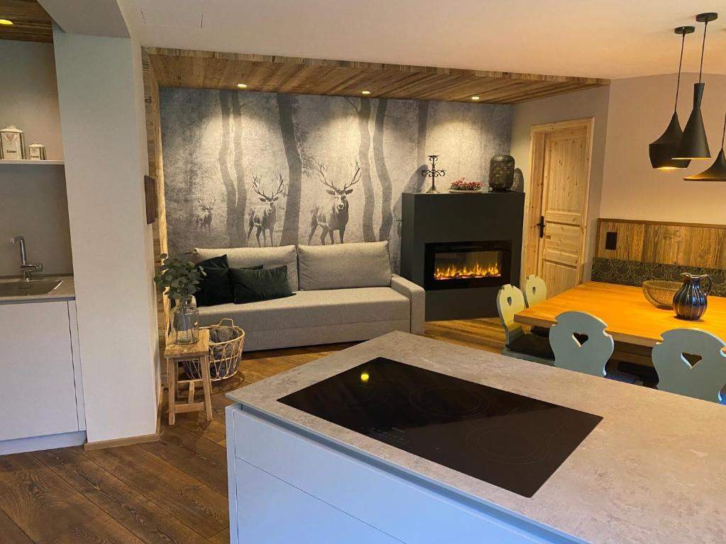 a kitchen and living room with a couch and a fireplace at Appartementhaus Hochkönig - Panoramablick in Mühlbach am Hochkönig