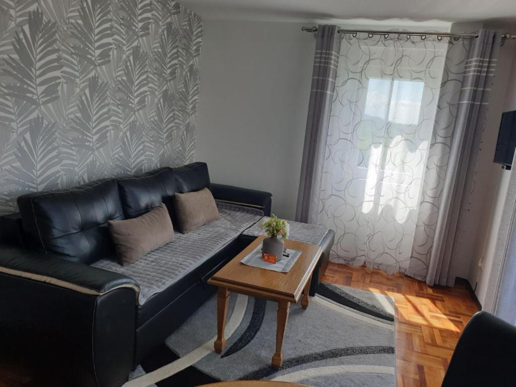 a living room with a black leather couch and a table at Lux Apartman Ristić 1 in Soko Banja