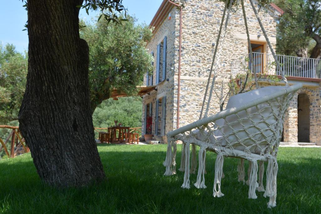 un columpio en un patio junto a un árbol en Casolare Cento Ulivi Luxury & Charme, en Ascea