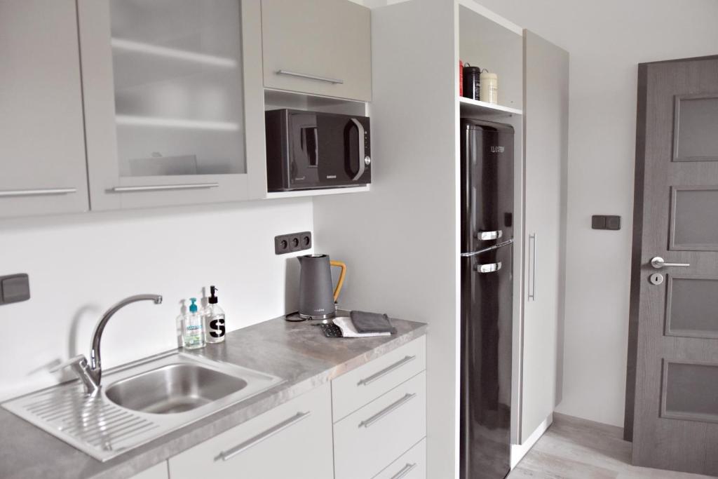 a kitchen with a sink and a black refrigerator at Apartmány Ve stodole in Roudnice nad Labem