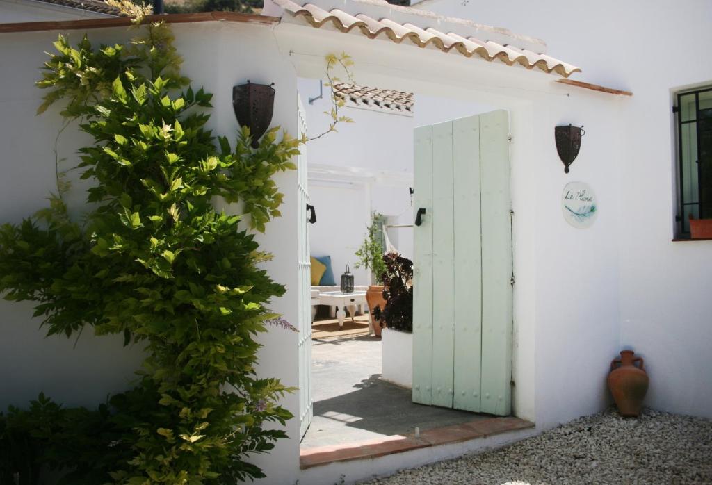a doorway to a white house with a green door at La Pluma in Iznájar