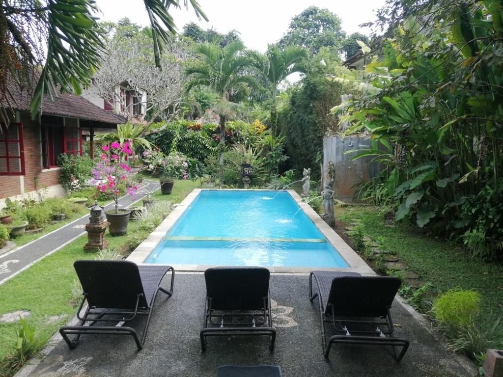una piscina con 2 sillas y una piscina en Taman Lituhayu Cottages, en Ubud