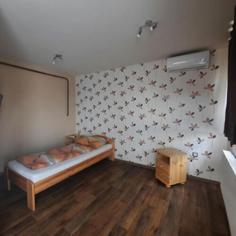 1 dormitorio con 1 cama y una pared con estrellas en IKSZT Vendégház, en Dávod