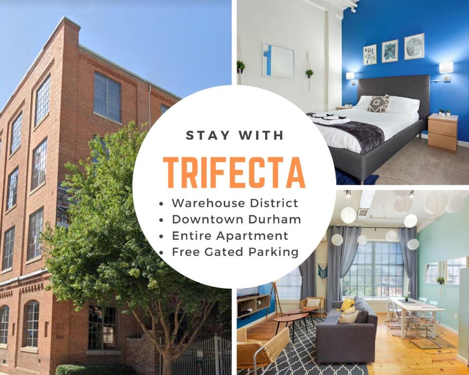 un collage de trois photos d'une chambre avec un hôtel dans l'établissement 2BR Hip Downtown Apt + Apple TV + Wifi + Gym, à Durham