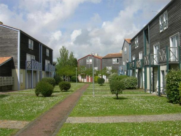 une rangée de maisons dans une cour verdoyante avec des buissons dans l'établissement Duplex proche mer, à La Rochelle