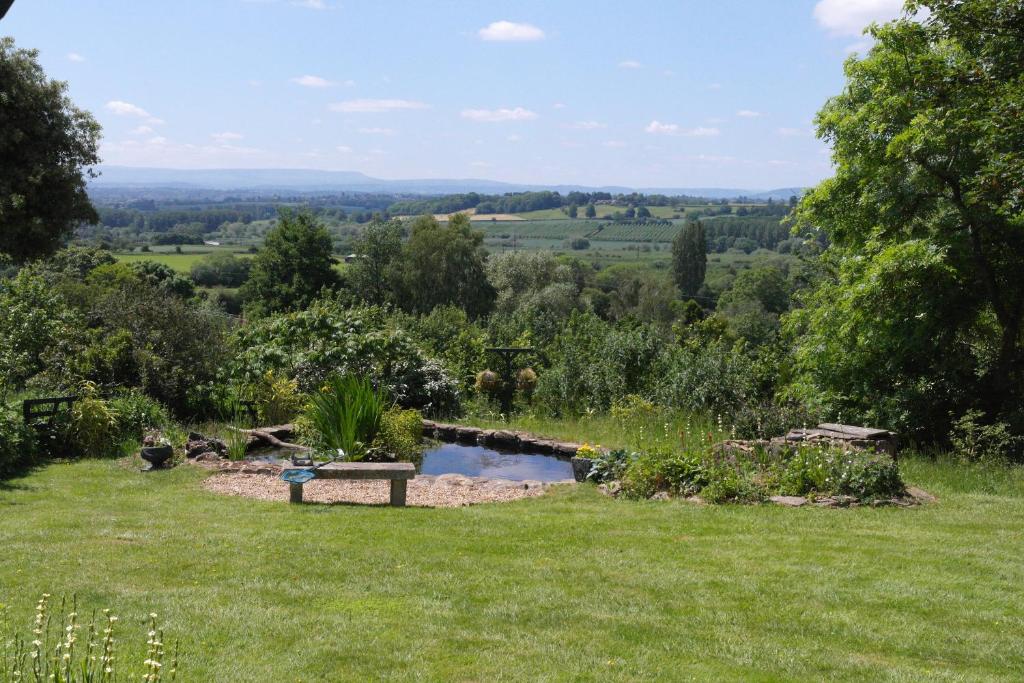 a garden with a bench in the grass with a pond at Prospect BARN in Hereford