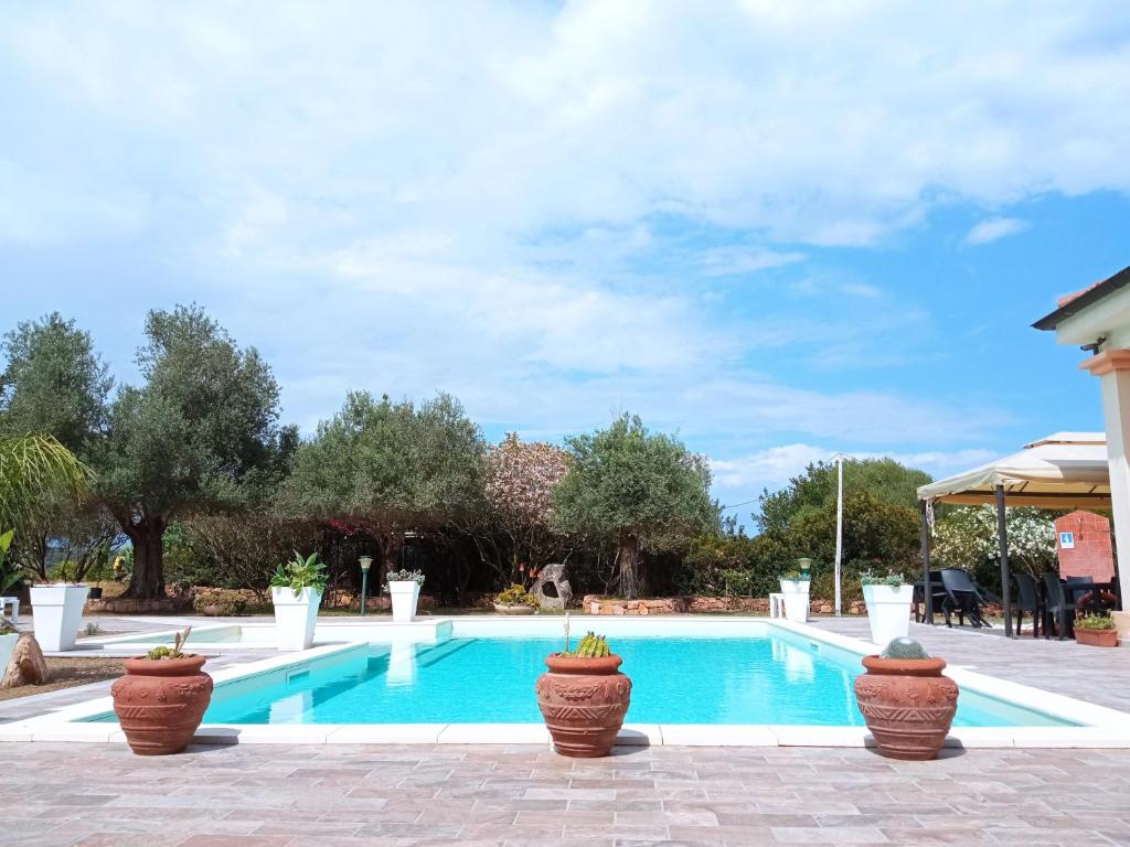 a swimming pool with potted plants next to it at Baja Azzurra in Bari Sardo