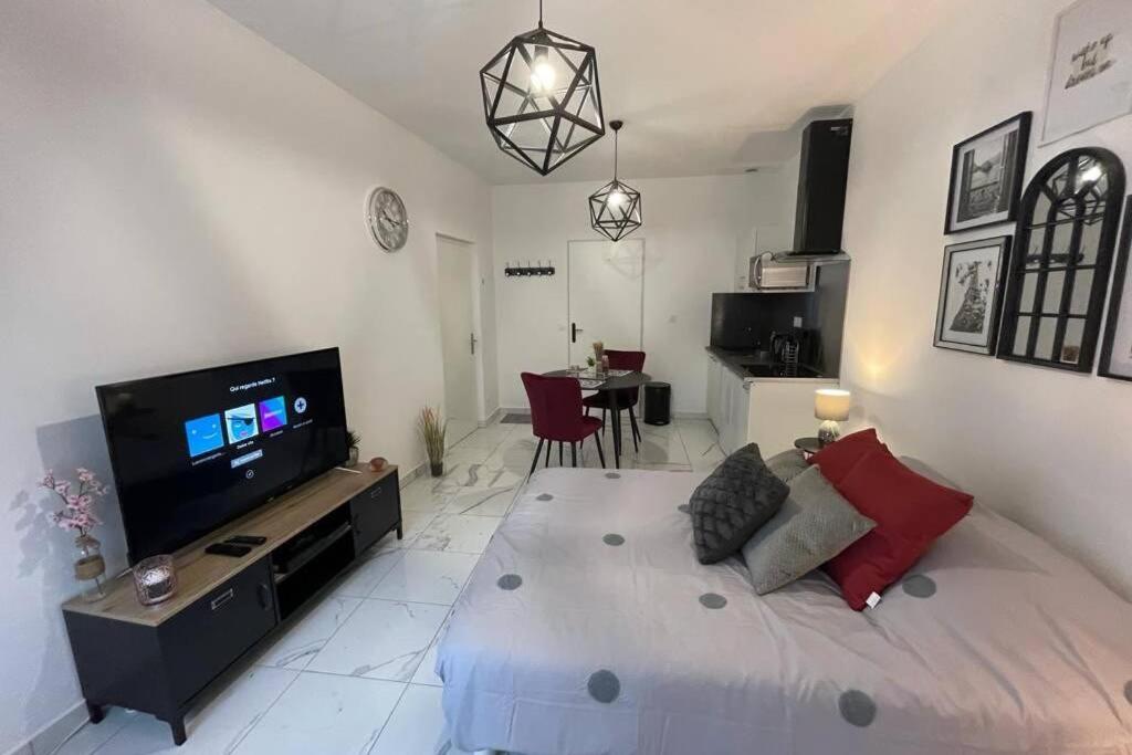 a living room with a large bed and a television at Le Dolce Vita - Centre historique, proche toutes commodités, stationnement aisé, Wifi-Netflix in Niort