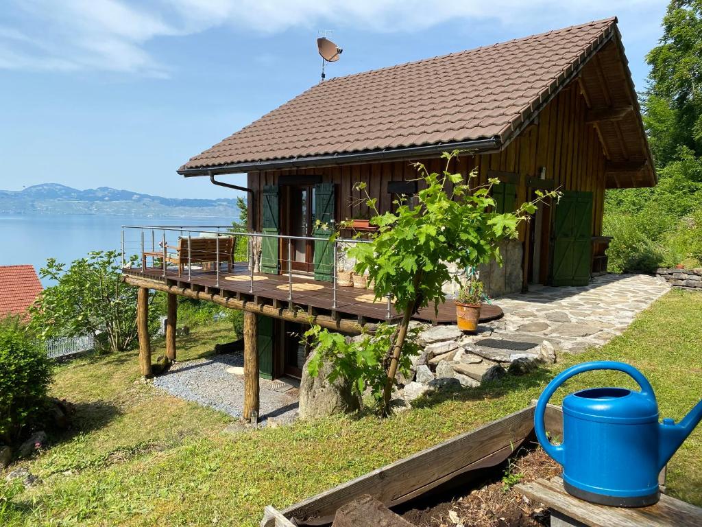 mały domek z tarasem obok wody w obiekcie Le petit chalet des Greys w mieście Meillerie