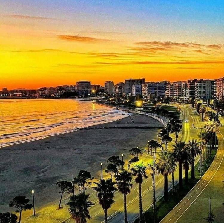 een strand met palmbomen en een stad bij zonsondergang bij Seaside Apartment with two bedrooms in Vlorë