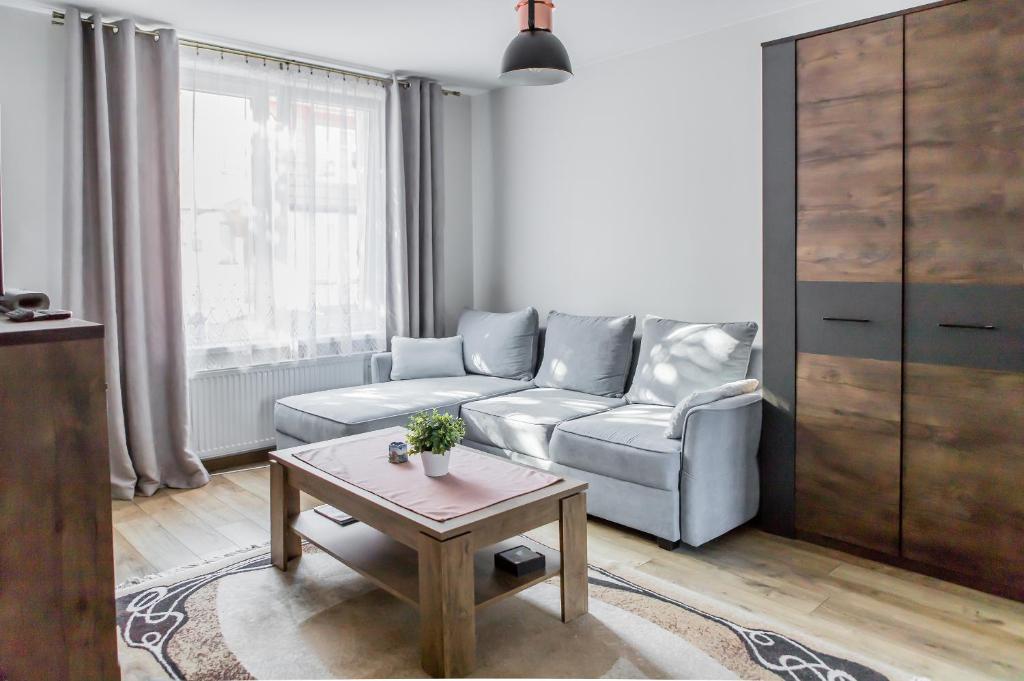 a living room with a couch and a table at Apartament u Basi in Gdańsk