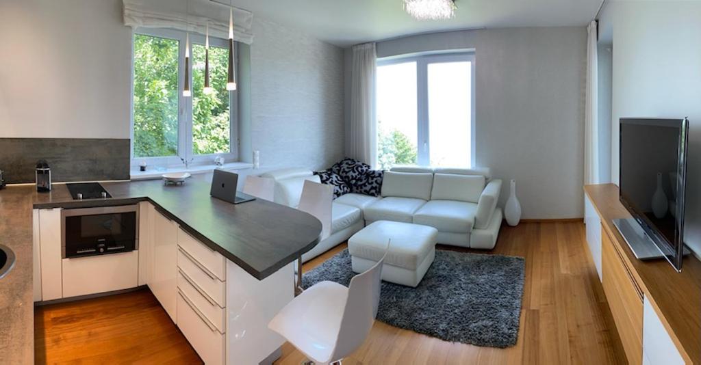 a living room with a couch and a kitchen with a table at Marcelo Deluxe Apartment in Tihany