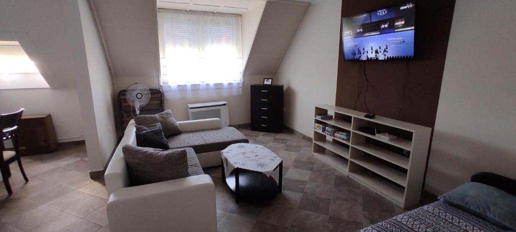 un soggiorno con divano e TV di Tímár Apartman Eger a Eger