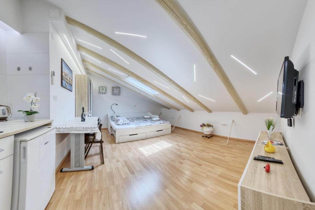 a kitchen and living room with a bed in a attic at Apartment light in Pula in Pula