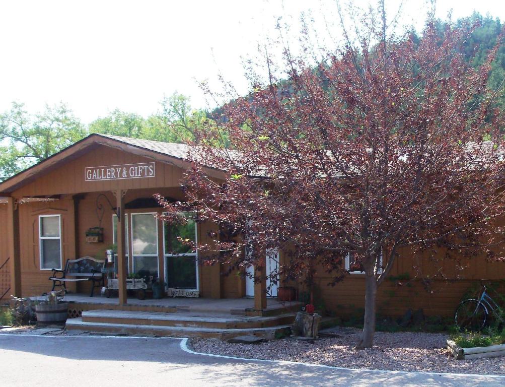 a building with a tree in front of it at River Falls Lodging -Black Hills, South Dakota in Hot Springs