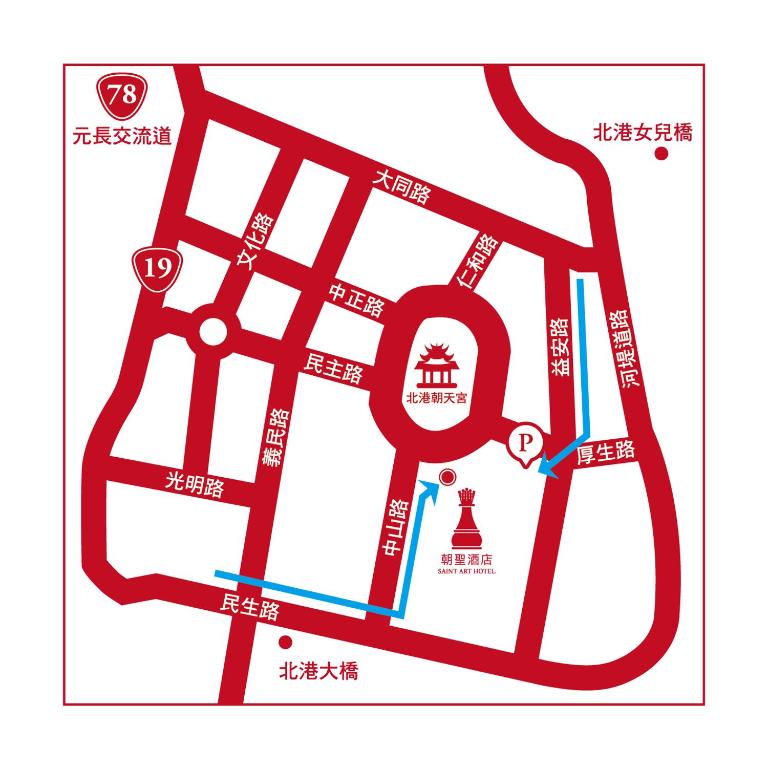 a map of a city with a tower at Saint Hostel in Beigang