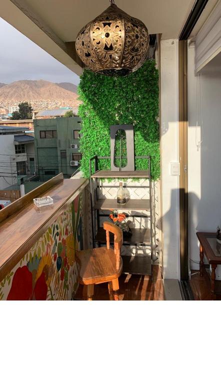 a chair on a balcony with a green wall at Departamento Amoblado Talca in Antofagasta