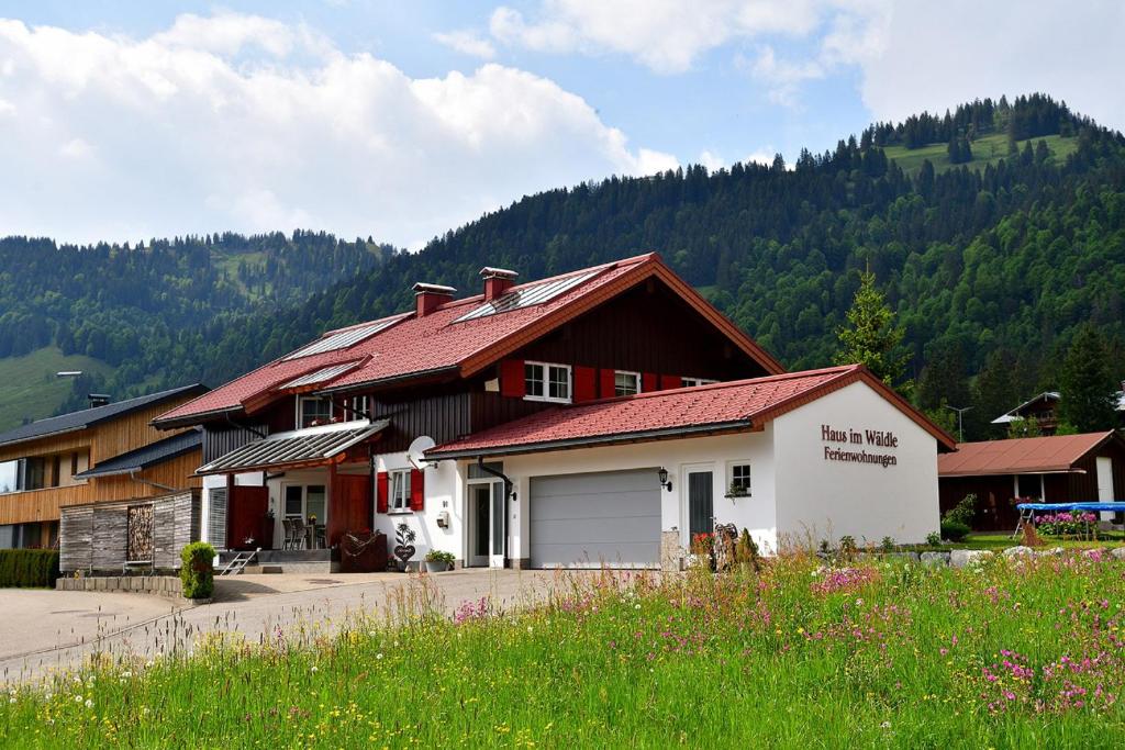 a building with a garage in front of a mountain at Haus im Wäldle in Balderschwang
