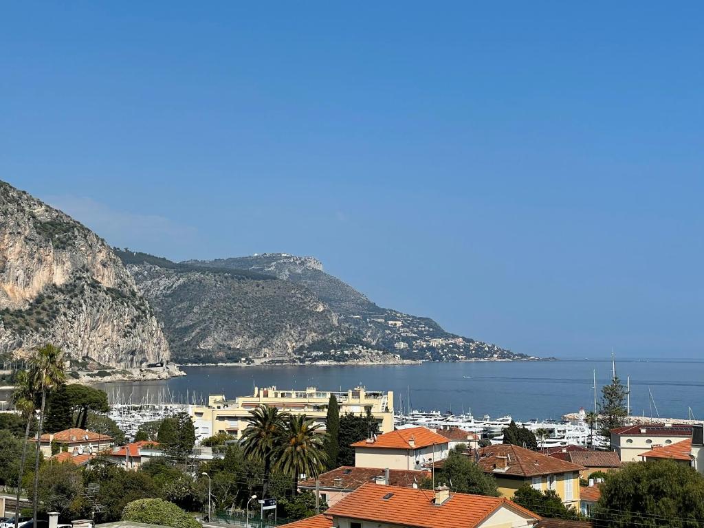 a view of a city and the water and mountains at Studio vue mer in Beaulieu-sur-Mer