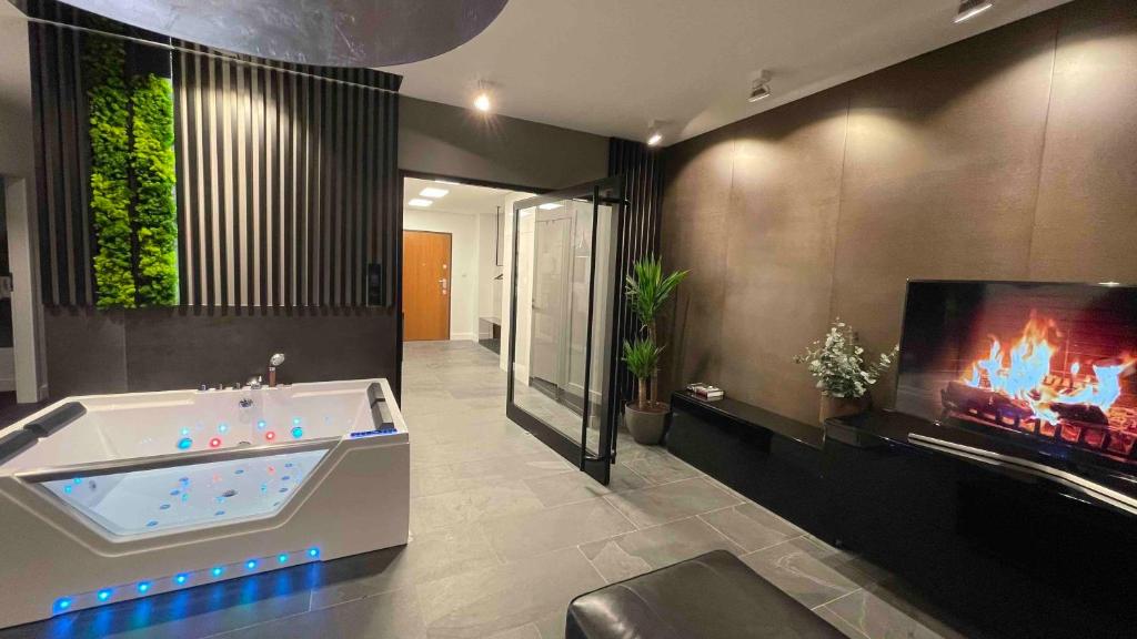 Televízia a/alebo spoločenská miestnosť v ubytovaní MagSpace River View Jacuzzi Apartment