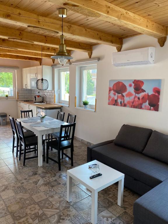 salon ze stołem i kanapą w obiekcie Tisza-i Apartmanok w mieście Tiszafüred