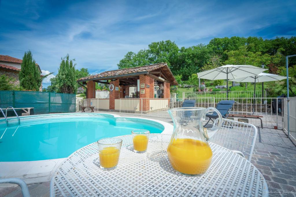 two glasses of orange juice on a table next to a pool at Agriturismo Corzano in Barberino di Mugello